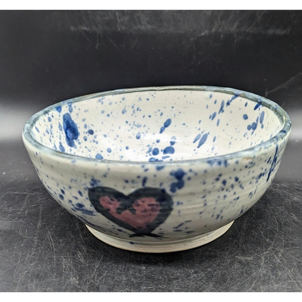 Handmade Art Pottery Ceramic Round Salad Cereal Bowl Heart Blue Dot 7.25"